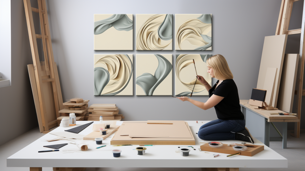 A series of step-by-step images demonstrating the creation of a DIY canvas acoustic panel. It begins with the selection of high-quality canvas material, proceeds to stretching the canvas over a wooden frame, adding an acoustic layer, and ends with testing the panel in a room to assess its sound quality improvements.
