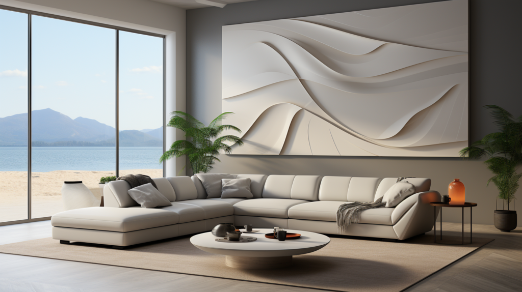 Image showcasing a detailed view of a polyester acoustic panel's texture and surface. In the background, a stylish living room with integrated polyester panels highlights their seamless blend with interior decor. This image exemplifies the ease of maintenance and aesthetic appeal of polyester panels.