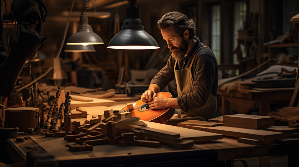 A skilled craftsman, working in a softly lit workshop, meticulously assembles a wooden frame for a bass trap. Stacks of polyester acoustic panels and the tools of their trade surround them, embodying the fusion of art and functionality. The gentle glow of a work light accentuates the craftsperson's dedication and precision in creating a functional work of acoustic art.