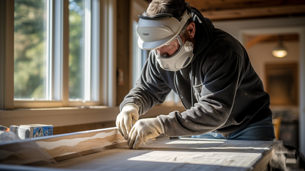 A DIY enthusiast, poised in the midst of a home improvement project, dons protective gear to safely install fiberglass acoustic panels. A mask and gloves shield them from potential hazards, while a well-ventilated workspace and mechanical ventilation enhance safety. Holding a measuring tape, they mark spots for the panels with precision, highlighting their commitment to acoustic excellence.