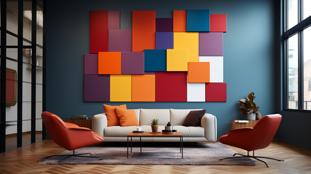 A homeowner or designer, mid-journey, explores a room adorned with vibrant polyester acoustic panels. These panels not only enhance the acoustic environment but also prioritize health and safety. The image showcases the versatility and aesthetic appeal of these panels, highlighting their role in creating a harmonious living or working space.