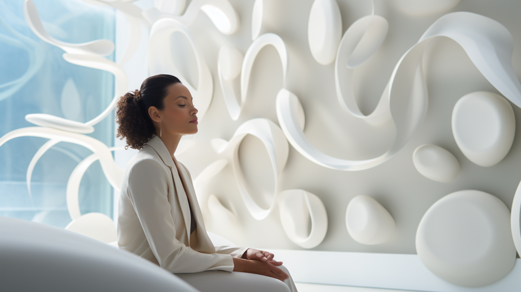In a scene of contemplation and concern, an individual ponders the relationship between respiratory health and fiberglass acoustic panels in a room. Their thoughtful expression hints at the complexities of this matter, emphasizing the need for informed decisions when considering the use of these panels.