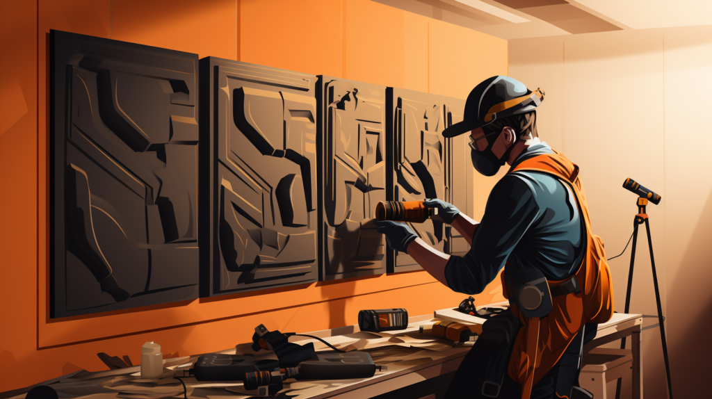 In this illustrative image, a person is shown confidently installing acoustic panels on a wall as a DIY project. They are using tools like a level and a utility knife while adhering to important safety measures, wearing gloves, goggles, and a mask when cutting the panels. The image reflects a careful and deliberate approach to acoustic panel installation