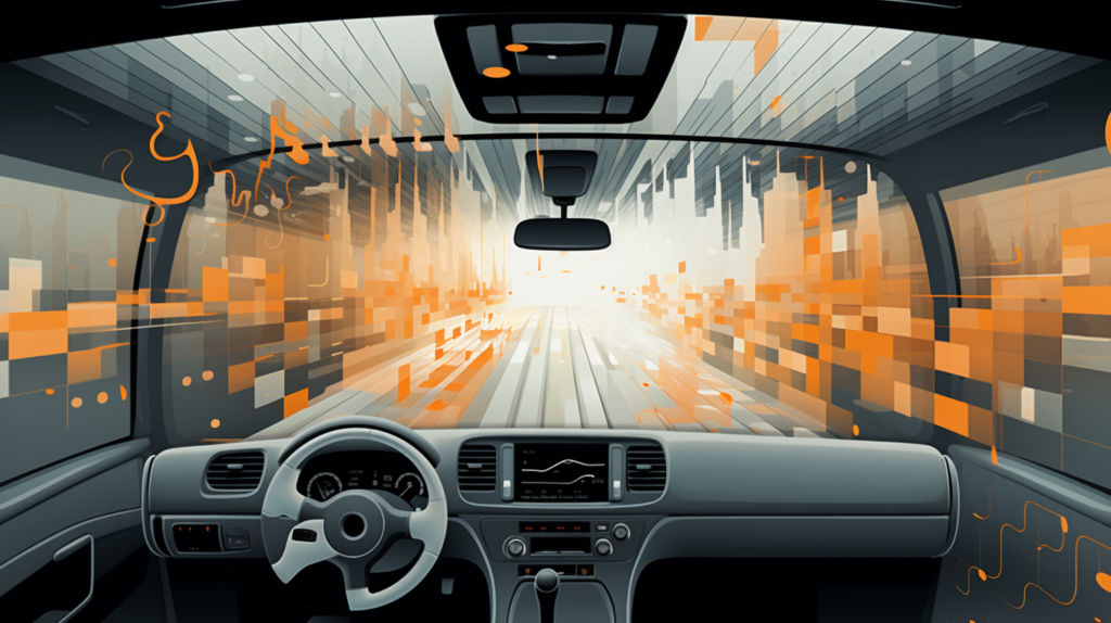 A comparison image showing a noisy car cabin on the left with exaggerated representations of road noise, engine noise, wind noise, and speaker/music noise. A quiet car cabin on the right with soundproofing materials in action, providing a serene and peaceful driving experience.