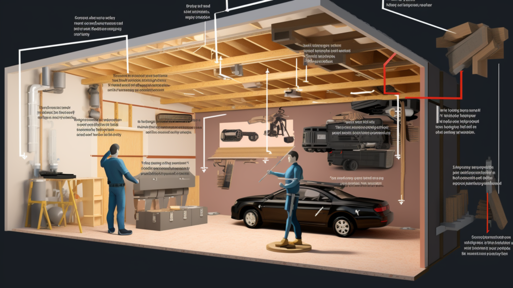 The image depicts a side-by-side comparison of a DIY soundproofing setup and a professionally installed soundproofing system in a garage. The DIY section shows a person with tools and materials, working on adding mass to the garage door. The professional installation section showcases a team of experts using specialized tools and techniques to soundproof the walls and ceiling.