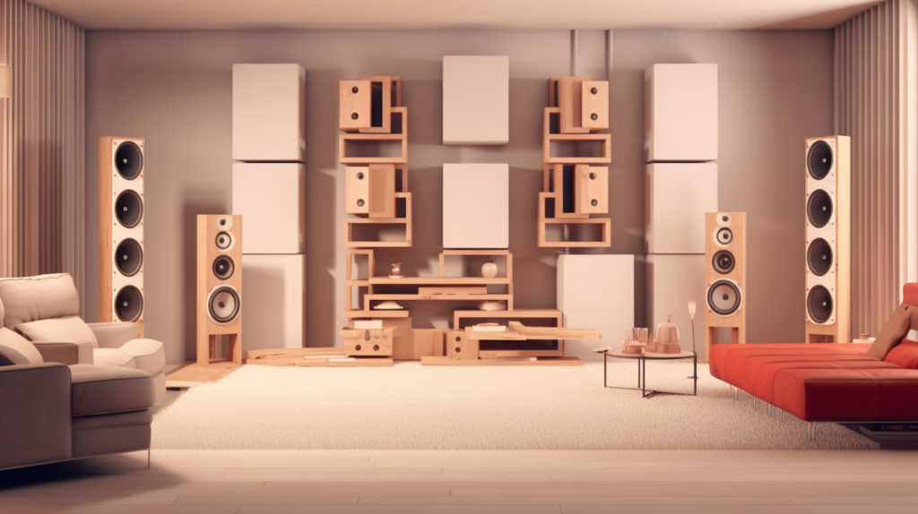 An illustrative image showcasing different speaker setups in a room. Bookshelf speakers with a minimal number of acoustic panels on one side and floor-standing speakers surrounded by an extensive array of panels on the other side. The placement of panels caters to the specific needs of each speaker type and room size.