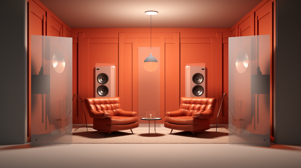 An illustrative image showcasing the impact of bass traps on sound quality in a room. One half of the room, without bass traps, demonstrates chaotic sound reflections and reverb, while the other half, with bass traps in the corners, displays controlled sound absorption, resulting in a clear and improved audio environment. This visual comparison emphasizes the importance of bass traps in acoustic treatment.