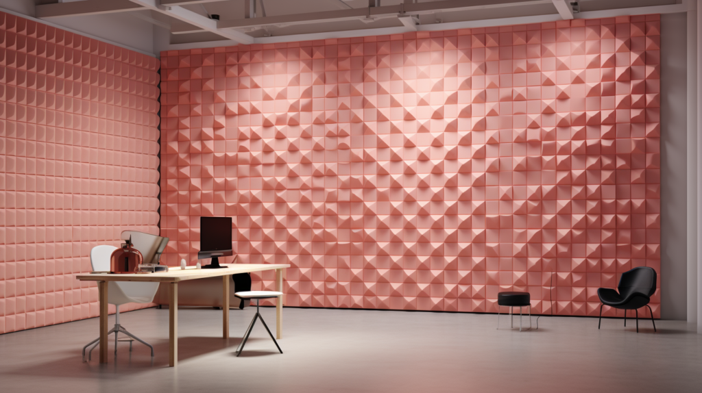 The image showcases a garage interior with strategically placed acoustic panels on the walls. The panels are rectangular and come in various sizes and colors. They are designed to absorb sound waves, reducing echoes and reverberation. The garage is well-organized, with tools neatly hung on a pegboard, creating a tidy workspace. The placement of acoustic panels is designed to optimize sound absorption, contributing to a quieter environment inside the garage.