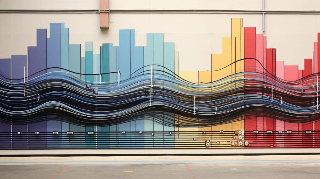 The image shows a close-up of a garage wall with a detailed illustration of soundwaves in three different colors. One set of soundwaves represents airborne noise, another represents impact noise, and the third set symbolizes structure-borne noise. The airborne noise waves are shown as sound traveling through the air, while the impact noise waves depict the collision of two objects. The structure-borne noise waves illustrate vibrations traveling through structural elements. This image helps visualize the three types of noise encountered in a soundproofing project.