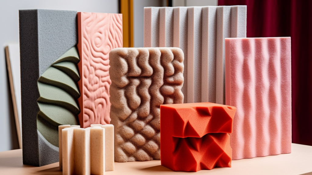 Various foam samples with different thicknesses, shapes, and surface patterns, illustrating the importance of physical characteristics in sound-absorbing efficiency