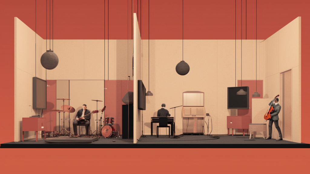 An illustrative representation demonstrating the placement of acoustic panels at various heights in a recording studio to cater to both seated and standing musicians, optimizing the room's acoustics for different scenarios.