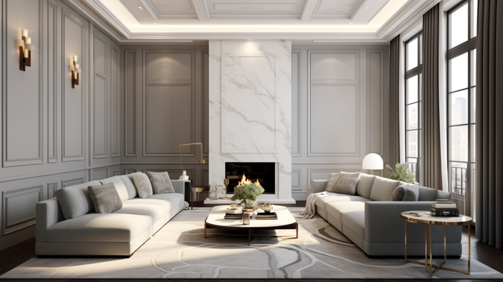 A white coffered ceiling and patterned wallpaper in a living room conceal attractive acoustic panels. The stylish space muffles sound discreetly through concealment strategies for a functional and refined look.
