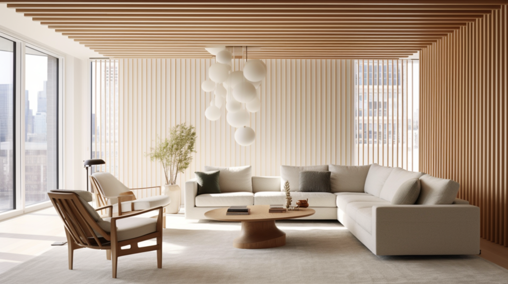 Wood acoustic diffusers on the walls and an acoustic fabric ceiling seamlessly blend into a minimalist living room's decor. The concealed sound treatments maintain both aesthetic refinement and acoustic comfort.