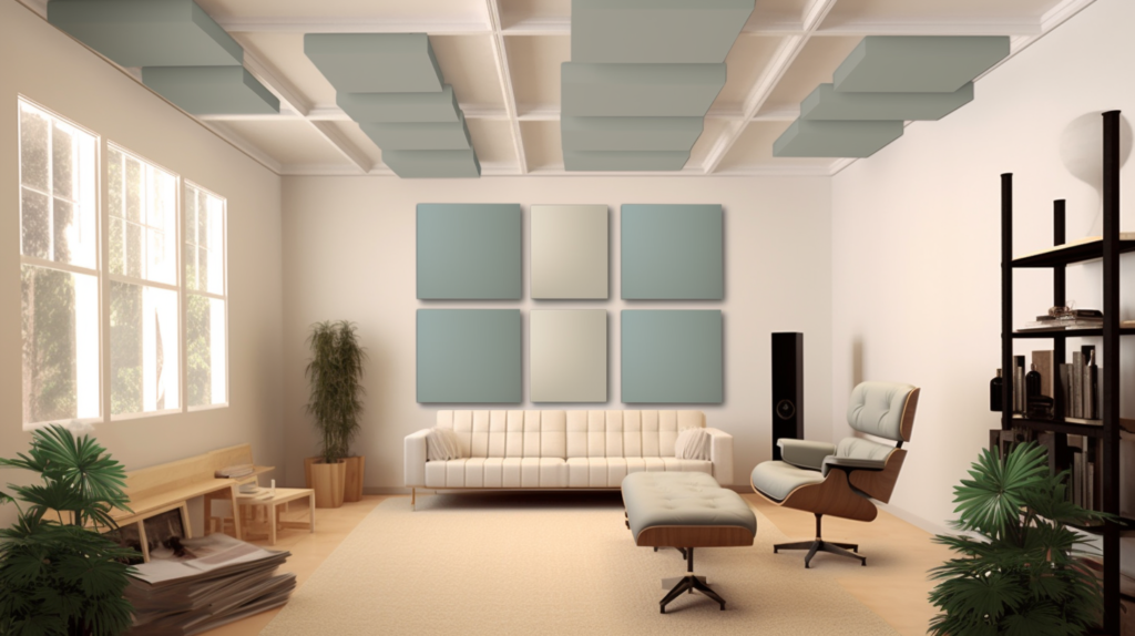 An illustrative image showcasing the use of acoustic panels for absorbing and reducing interior noise. The image features a well-designed room, possibly a home studio or theater, with strategically placed acoustic panels on the walls and ceilings. Various sources of interior noise, including speakers, voices, footsteps, and instruments, are shown within the room. The visual representation demonstrates how the acoustic panels effectively absorb and diffuse these sound waves, reducing reverb and preventing an echo chamber effect. The image conveys the concept of optimizing interior sound quality and managing acoustic issues using acoustic panels