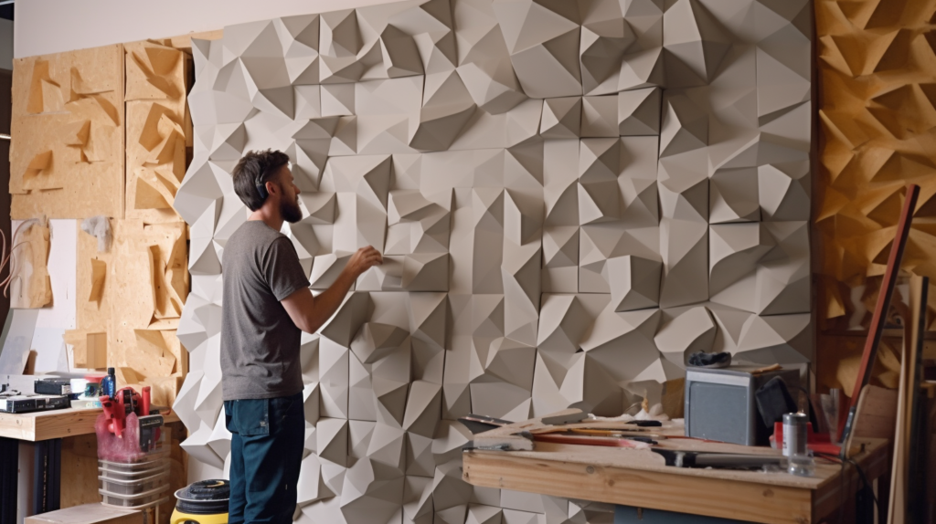 Step-by-step instructional image showcasing the process of creating DIY acoustic panels. It includes the selection of materials, cutting to size, wrapping in fabric, and mounting on walls. This DIY guide helps in achieving effective and aesthetically pleasing acoustic panels for sound treatment