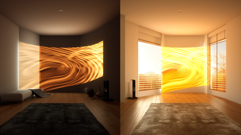 Comparison image showcasing the impact of acoustic treatment: chaos on one side with soundwaves bouncing, and serenity on the treated side with reduced reflections and reverb
