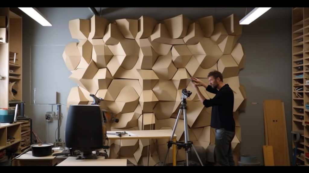 An abstract collage of uniquely shaped acoustic panels arranged on a wall - triangles, circles, jagged polygons, waves. The multi-textured panels are made from fabric, wood, insulation. A bright light illuminates the panels from the side, casting dramatic shadows. The scene is shot at a cinematic wide angle for a visually striking composition