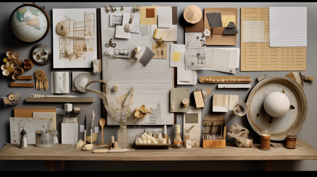 A collage of acoustic panel materials arranged on a wooden table in a workshop. Burlap, canvas, insulation, plywood, tools, and hardware are arranged in an organized composition. Soft lighting illuminates the scene. Image is highly detailed and focused like a professional photograph for a DIY blog