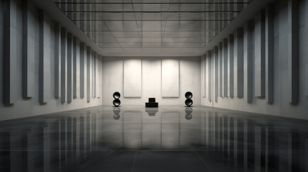 A 3D render of a large empty room with concrete floors and walls. Sound waves are visibly propagating through the space, reflecting repeatedly off the hard parallel surfaces. The sound waves are depicted as shimmering light ripples. A sense of echo and reverberation is conveyed by the image