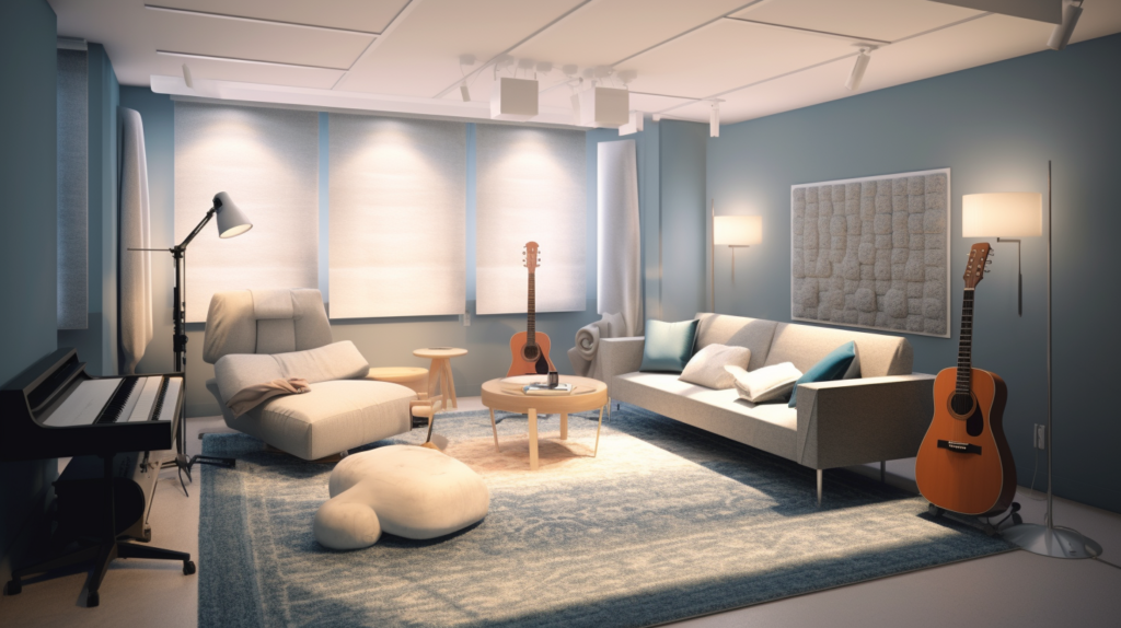 An apartment living room with hardwood floors, high ceilings, and large windows. The room is tastefully decorated with a rug, sofa, armchair, and houseplants. Acoustic panels in an artistic pattern are mounted on one wall. Soft natural lighting streams in the windows, creating a warm, inviting ambiance