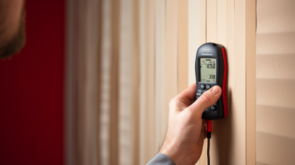 A person placing a sound level meter in a room with soundproofing materials on the walls. Selecting the right location for soundproofing testing is crucial to measure the effectiveness of noise isolation in specific areas