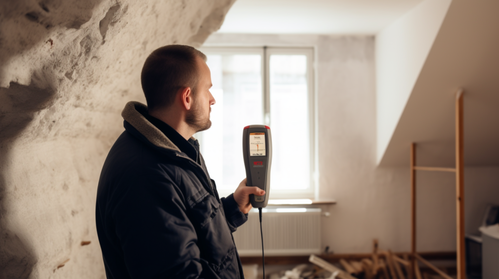 A person using a sound level meter in a room with soundproofing materials. Testing soundproofing effectiveness involves generating controlled test sounds and measuring sound transmission in various locations within a room