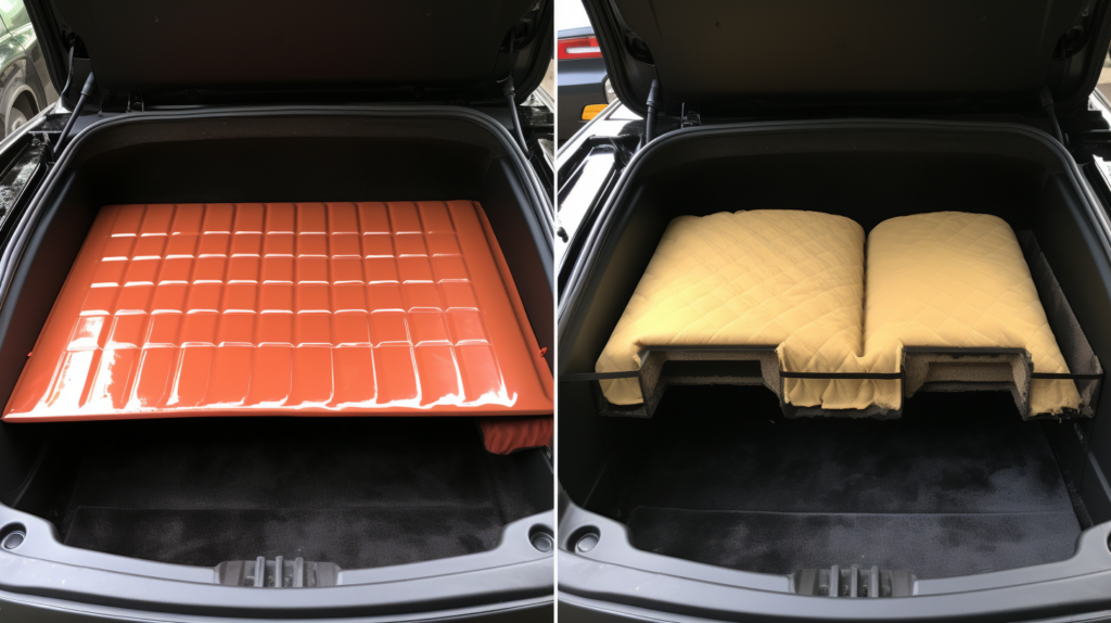 Before-and-after visual of a car trunk during the prep stage for soundproofing. On the left, a cluttered and dirty trunk; on the right, a clean and repaired trunk ready for soundproofing materials. This image highlights the importance of thorough preparation for achieving optimal results in the soundproofing process