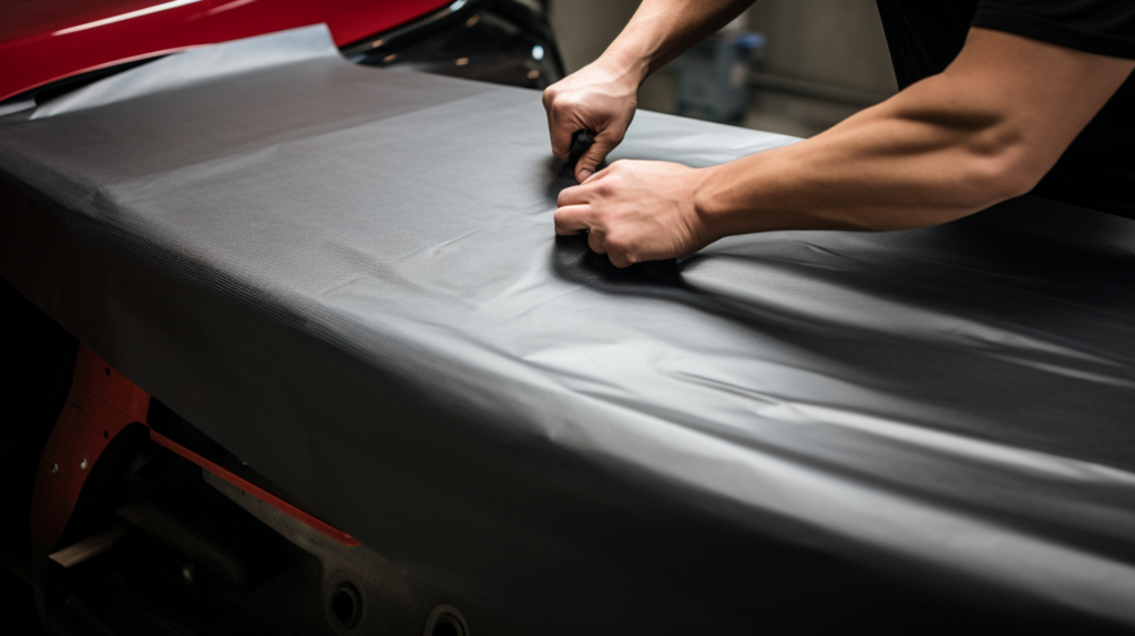 Step-by-step visual guide illustrating the application of sound deadening mat to a car trunk. Images showcase the process of cutting Dynamat sheets to fit, peeling off the backing, and carefully applying them to various trunk surfaces. This guide highlights the importance of even application to achieve the desired "constrained layer damper" effect for reducing panel vibrations and preventing rattles