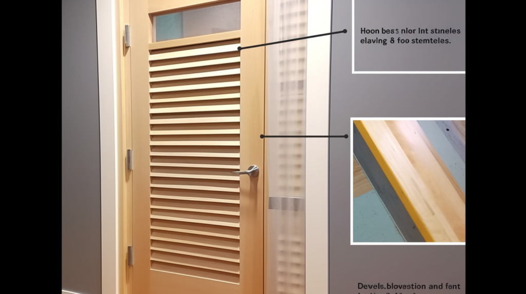 A visual guide demonstrating the process of adding acrylic sheets over louvers in a louvered door. Images include measurements being taken, acrylic sheets being cut, adhesive caulk application for airtight sealing, and the application of weatherstripping tape or molding for decoupling and vibration blockage