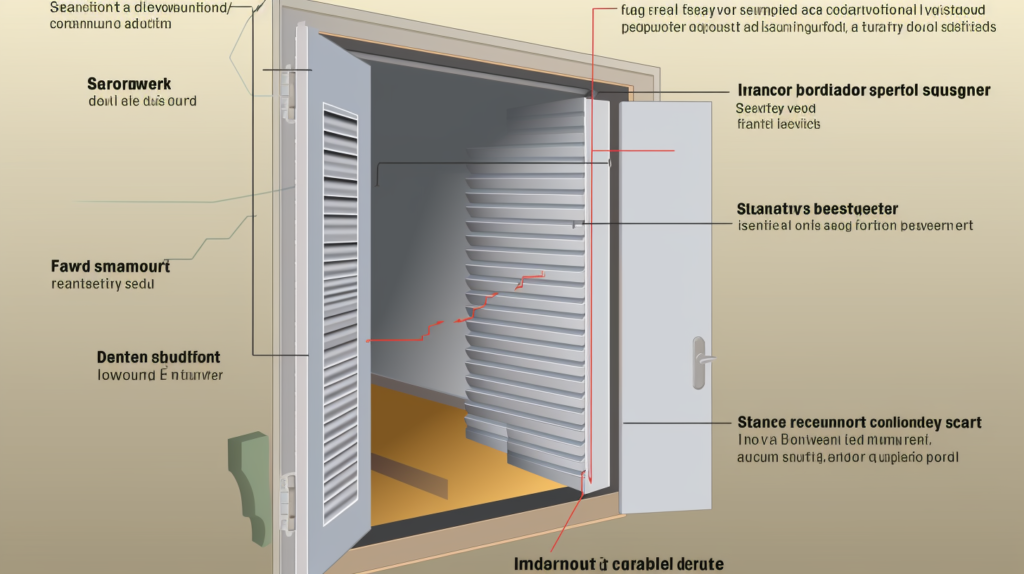 A visual step-by-step guide on how to soundproof louvered doors. The images depict the application of acoustic caulk around the door frame, installation of acrylic sheeting over louvers, replacement of a hollow core door with a solid core door, and the final result of a fully soundproofed louvered door with a multilayered acoustic barrier