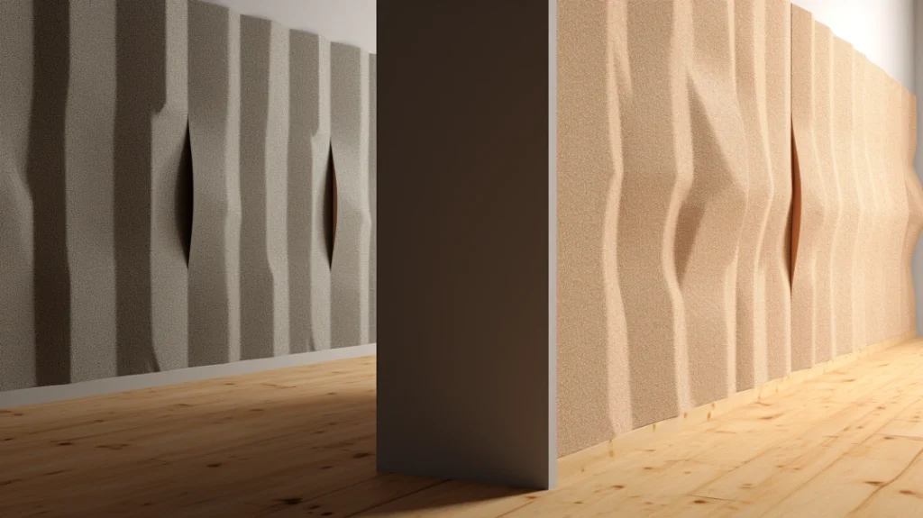 Illustrative comparison image showcasing the ineffectiveness of thin felt in blocking voices and footsteps. The image compares a wall with thin felt to one with advanced soundproofing materials, emphasizing the clarity of transmitted speech and impact noise through felt. This visual underscores the limitations of felt in mitigating common sources of disruptive noise like voices and footsteps
