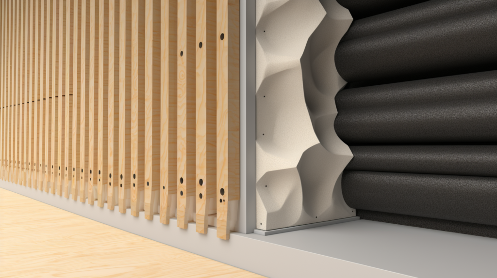 Illustrative image showcasing the application of R13 insulation in a wall cavity for soundproofing. The image highlights the density and thickness of the insulation, emphasizing its effectiveness in blocking sound transmission. R13 insulation is a good choice for affordable and efficient soundproofing, adding mass and damping to walls and ceilings