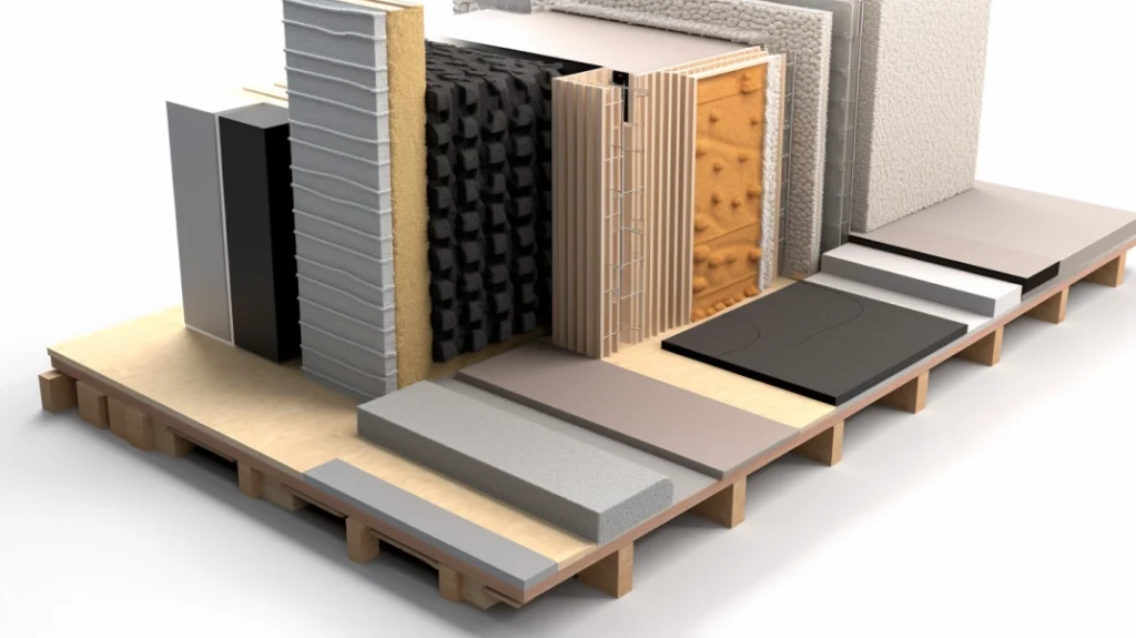Visual representation showcasing alternatives to felt for soundproofing. The image features flexible soundproofing foam, batt insulation, resilient channels, and a staggered stud partition system, highlighting their density and mass compared to felt. These alternatives provide effective noise control, surpassing the capabilities of felt alone