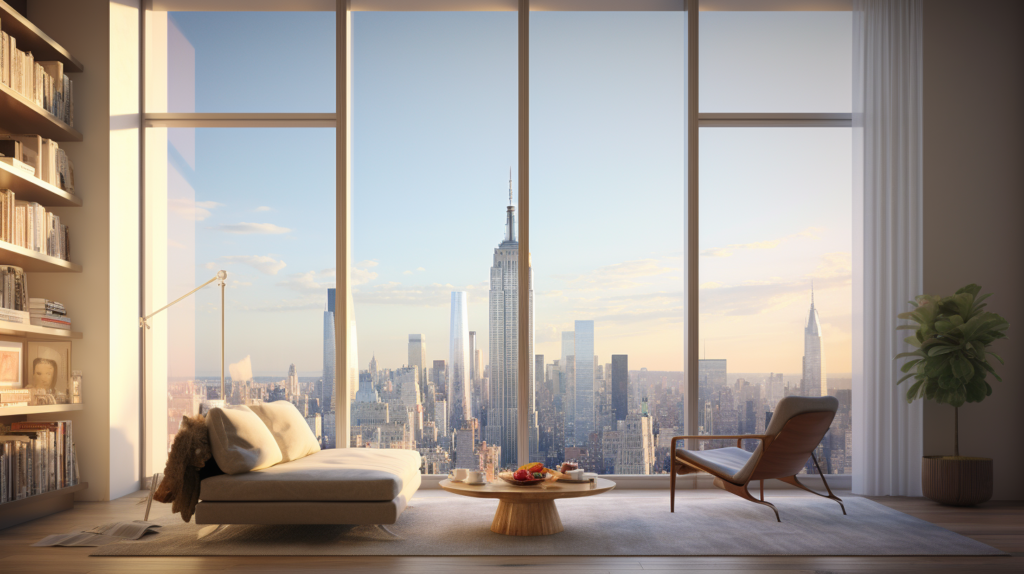 A tranquil scene inside a New York City apartment enhanced by soundproofed windows. Soft light illuminates the room, highlighting a carefully upgraded window that frames the city's skyline. Amidst the noise-blocking enhancements, a resident enjoys quiet relaxation, surrounded by the vibrant energy of the city yet undisturbed by its constant clamor, creating a harmonious blend of urban living and personal tranquility