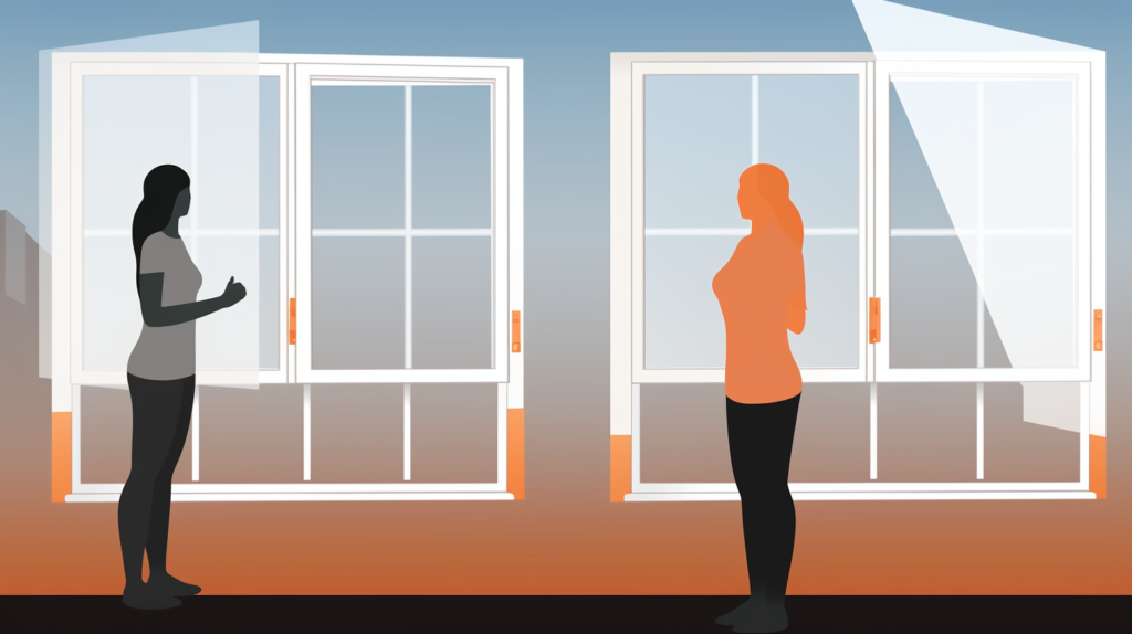 Visual depiction comparing two soundproofing methods for windows. On the left, a homeowner stands by newly installed double or triple pane soundproof windows, symbolizing the long-term investment in effective noise reduction. On the right, a person effortlessly adds soundproof window inserts, highlighting the convenience and non-permanence of this option—ideal for renters seeking impressive noise reduction without permanent alterations to their living space