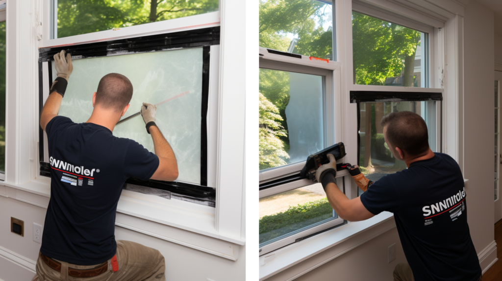 A dual-image representation of soundproofing methods in action. On the left, a professional installer replaces windows with precision, emphasizing the expertise required for optimal noise reduction. On the right, a homeowner confidently installs soundproof window inserts, showcasing the accessibility and simplicity of the DIY approach. Both images emphasize the importance of accurate sizing and careful installation for superior noise blocking