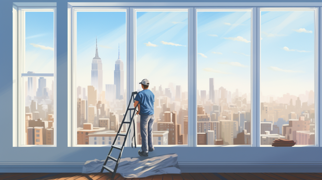 An image capturing the process of soundproofing a New York City apartment window. Hands are shown applying soundproofing measures, emphasizing the simplicity of the solution. In the background, the city skyline is visible, highlighting the contrast between the bustling urban environment and the tranquility achieved through effective soundproofing upgrades