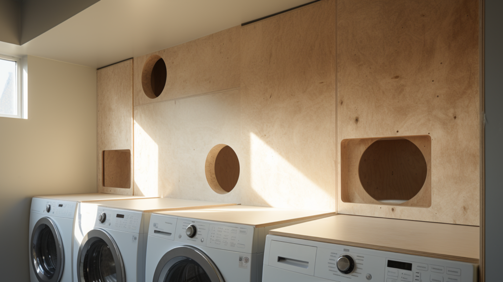 An image capturing the essence of a soundproofed laundry room. A person is peacefully doing laundry, surrounded by well-insulated walls, quiet appliances, and acoustic panels. The serene environment emphasizes the effectiveness of soundproofing techniques, ensuring minimal noise transfer to other parts of the house. The image conveys the importance of creating a quiet and enjoyable laundry space through soundproofing