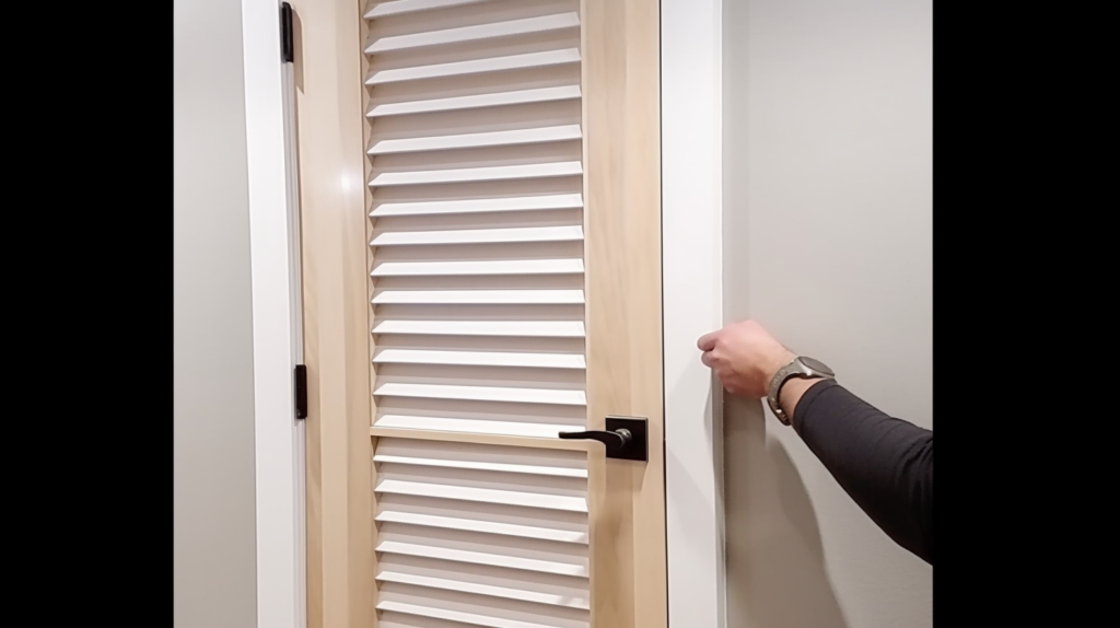 A visual guide depicting the detailed process of sealing air gaps in a louvered door. Images showcase the application of acoustic caulk, installation of high-quality weatherstripping, precise measurements for full coverage, and adjustments to achieve a uniform and tight acoustic seal, preparing the door for additional sound barriers.