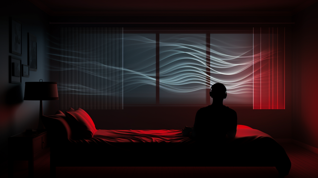 A silhouette of a person within a Marriott hotel room, enveloped by visible sound waves and noise, illustrating the challenges of internal noise. The waves represent the issues related to walls, ceilings, and doors described in the article, impacting the guest's experience.