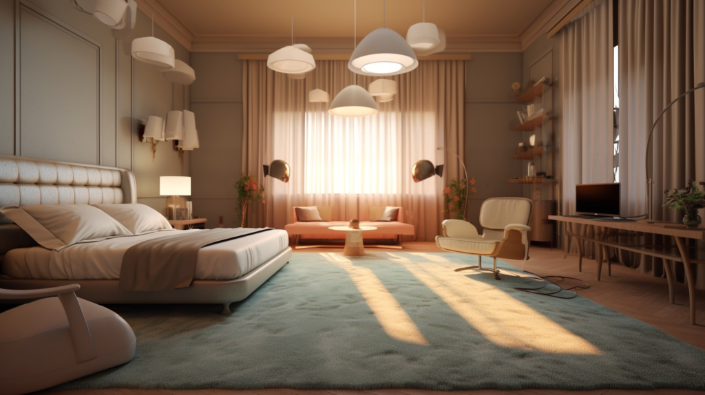 A room with a cozy, well-furnished carpeted floor that absorbs sound waves effectively, reducing airborne noise. The soft texture of the carpet complements the room's decor, creating a comfortable and quiet atmosphere.