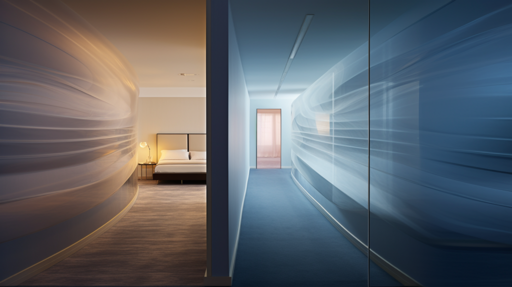On the left, a peaceful Marriott hotel room with soundproof windows and a tranquil atmosphere. On the right, an abstract representation of soundwaves traveling through a hollow corridor, symbolizing the internal noise contrasted with the external calm in Marriott hotels.
