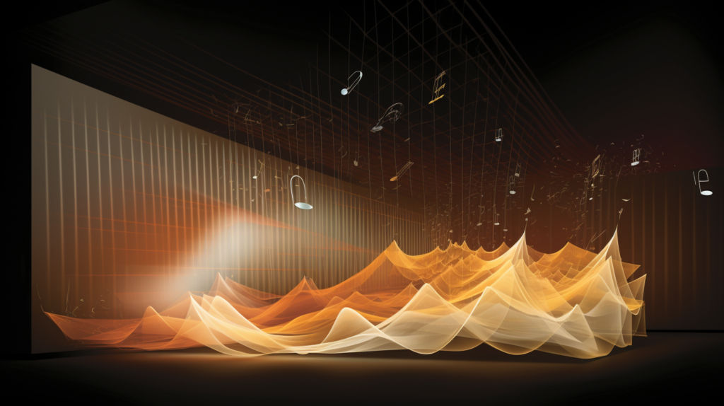 An image illustrating soundwaves generated by a musical instrument traveling through the air and encountering a solid wall. The wall acts as a barrier, partially absorbing the soundwaves, demonstrating how vibrations can pass through the studio structure.