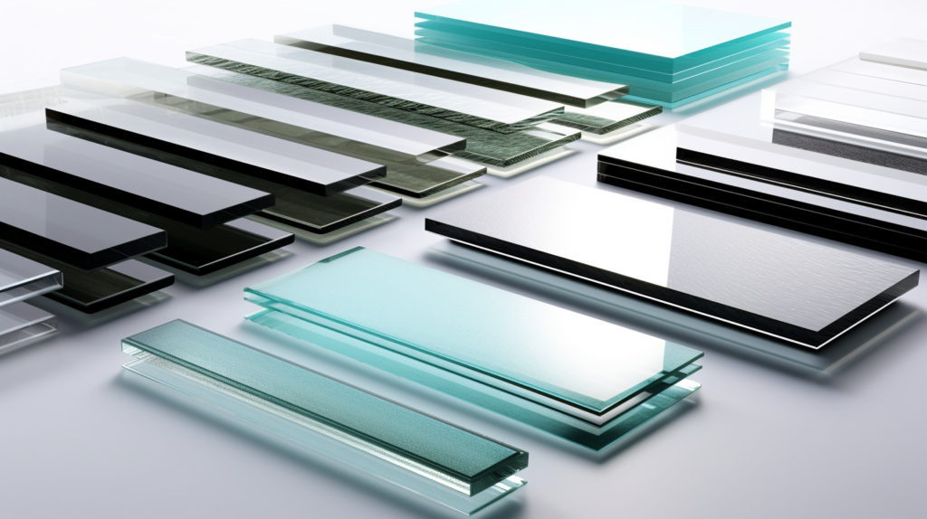  A visually appealing image displaying various types of soundproofing glass. The image should show laminated glass, acoustic PVB, and examples of double and triple glazing techniques. Each type should be labeled for clarity. It can also include visual elements that represent the sound-damping properties of these glass types, such as sound waves being absorbed and dissipated.