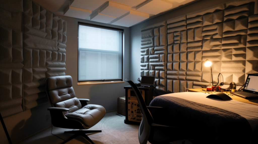 A comparison between an apartment bedroom with soundproofing foam on the walls and ceiling, effectively reducing sound transmission and creating a quieter space, and a home office with soundproof blankets draped over furniture, dampening sound within the room and reducing echoes for improved work conditions.