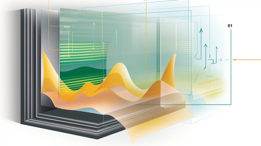 An illustrative image demonstrating the working principles of soundproofing glass. The image showcases sound waves impacting a glass surface, causing vibrations and illustrating the challenges of sound transmission. Regular glass is shown as easily allowing sound wave penetration. In contrast, soundproofing glass is highlighted with its increased mass and multiple layers, with special laminates and materials absorbing and dissipating sound wave energy. The spaces between layers are vacuum-sealed or filled with dense gases, further impeding sound transfer. The result is a significant reduction in sound energy, creating a quieter and more comfortable indoor environment
