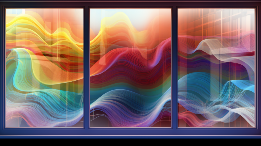 A visual representation of a window's cross-section, illustrating the concept of airborne noise transmission. Colorful soundwaves representing car engines, human conversations, and music strike the window's surface, symbolizing the ease with which these sounds pass through the thin and less dense glass, resulting in noise transmission.
