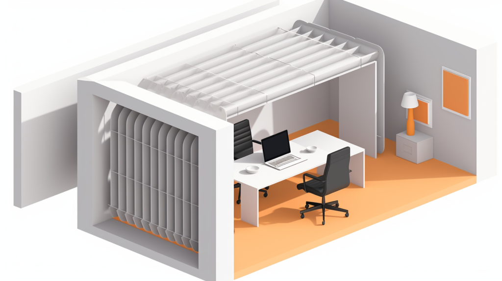 An illustrative image showcasing the management of ventilation in a home office. Duct linings made of sound-absorbing materials are being installed in the ducts to reduce noise transmission. A baffle box is positioned near a standalone vent, redirecting airflow through its maze-like chambers to minimize accompanying noise, ensuring a peaceful working environment