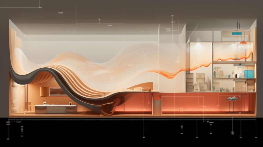 A graphical representation illustrating the concept of soundwaves encountering a wall barrier and the factors that influence sound behavior within a room. The image provides insight into the role of materials, insulation, and wall construction in soundproofing. It visually conveys the core principles of sound absorption and sound blocking, as well as the two-fold approach of adding mass and decoupling in effective wall soundproofing