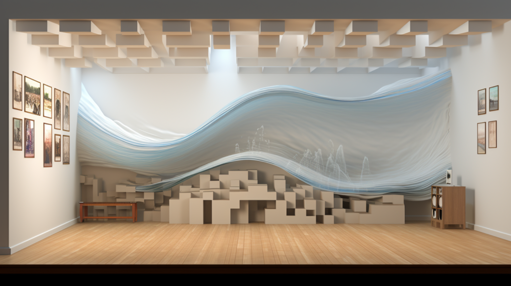  An image depicting a visual representation of soundwaves propagating through different mediums and encountering a wall barrier. The wall is illustrated in cross-section, showcasing its construction and key components. It highlights the role of materials, insulation, and wall spaces in influencing how sound behaves within the room.